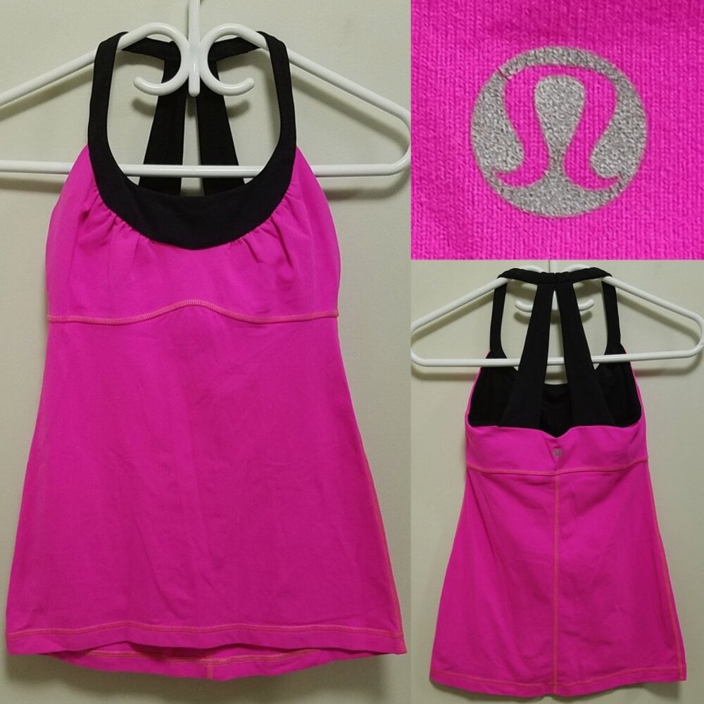 Lululemon Magenta Hot Pink Ruched Tank Top Size 4 XS Black Yoga Bra in Built